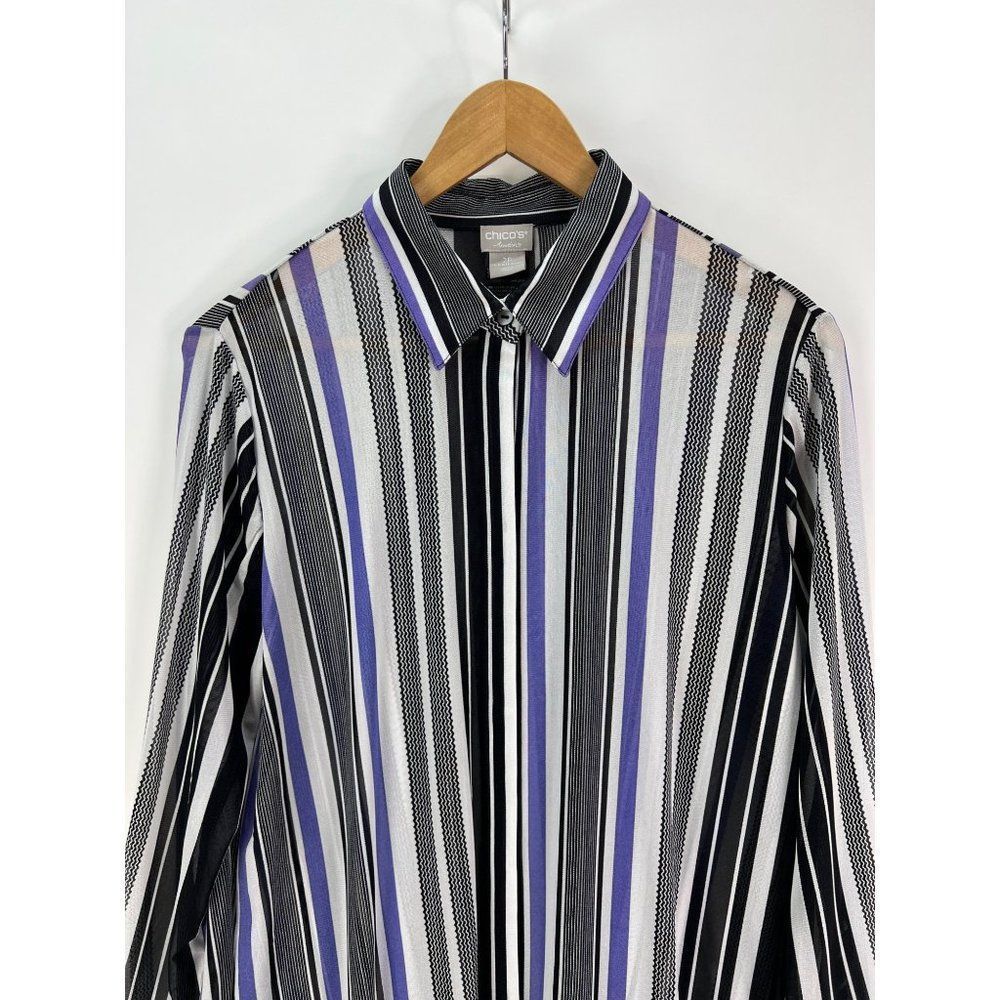 Chico's Travelers sz 2 P womens L Long sleeve semi sheer striped button up top - Picture 2 of 6